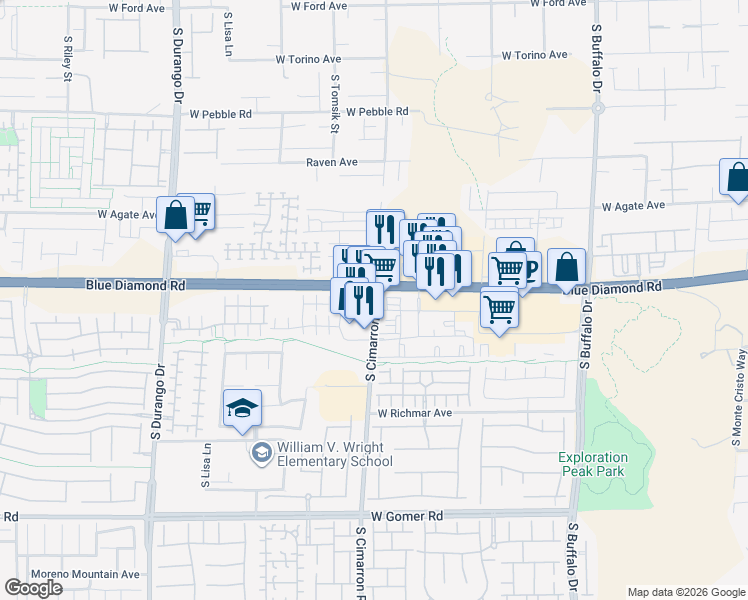 map of restaurants, bars, coffee shops, grocery stores, and more near 9305 South Cimarron Road in Las Vegas