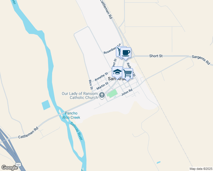 map of restaurants, bars, coffee shops, grocery stores, and more near 62327 College Street in San Ardo