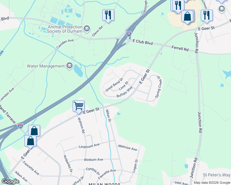 map of restaurants, bars, coffee shops, grocery stores, and more near 2029 Buffalo Way in Durham