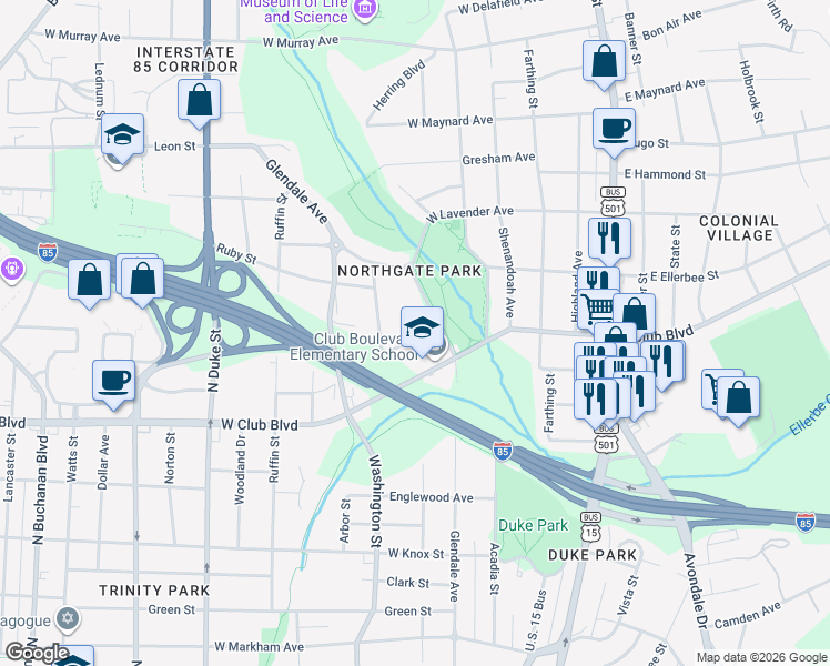 map of restaurants, bars, coffee shops, grocery stores, and more near 400 West Club Boulevard in Durham