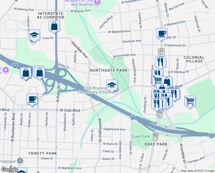 map of restaurants, bars, coffee shops, grocery stores, and more near 1802 Northgate Street in Durham