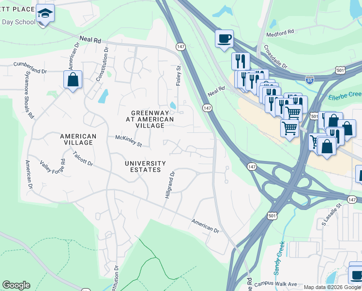 map of restaurants, bars, coffee shops, grocery stores, and more near 25 Forest Green Drive in Durham