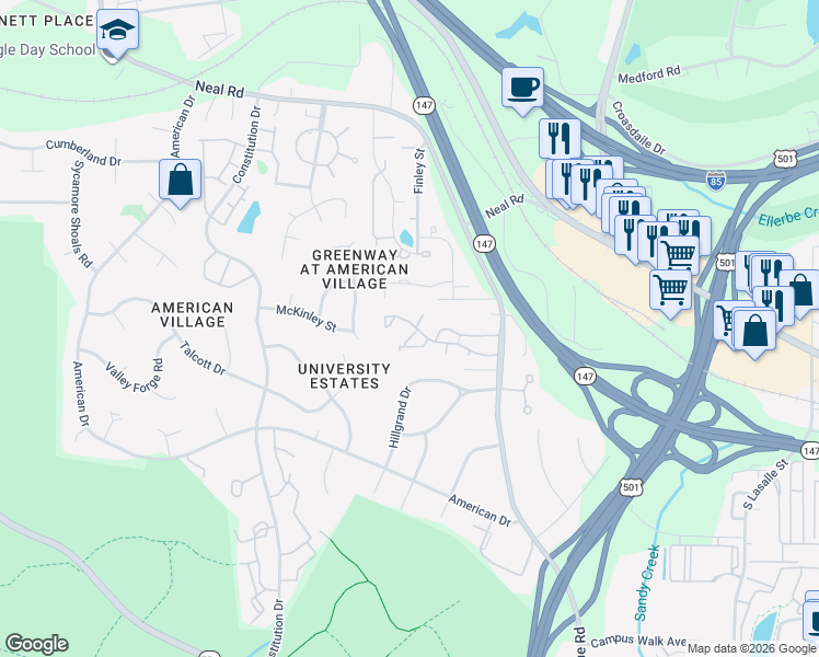 map of restaurants, bars, coffee shops, grocery stores, and more near 73 Forest Oaks Drive in Durham