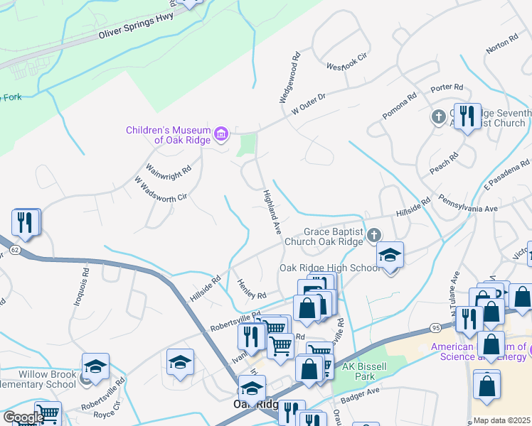map of restaurants, bars, coffee shops, grocery stores, and more near 105 Howard Lane in Oak Ridge