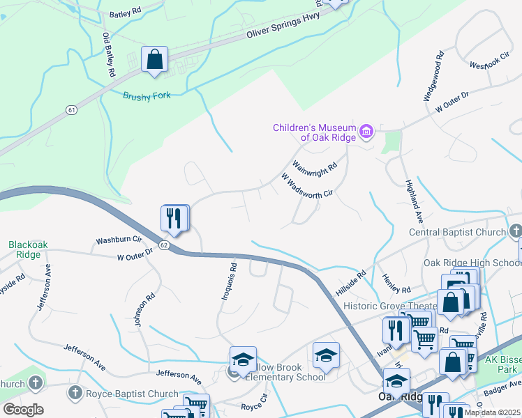 map of restaurants, bars, coffee shops, grocery stores, and more near 119 Waltham Lane in Oak Ridge