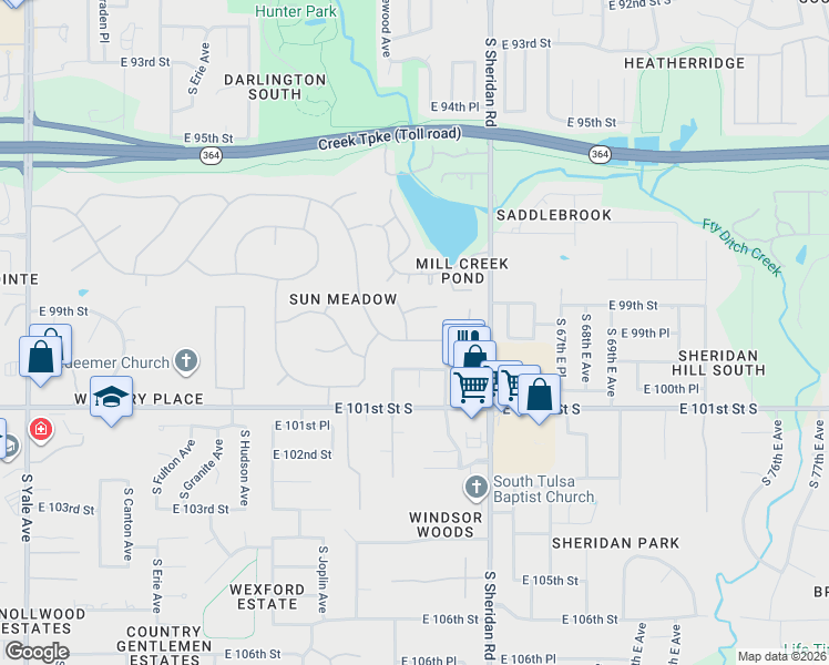 map of restaurants, bars, coffee shops, grocery stores, and more near 6205 East 100th Street in Tulsa