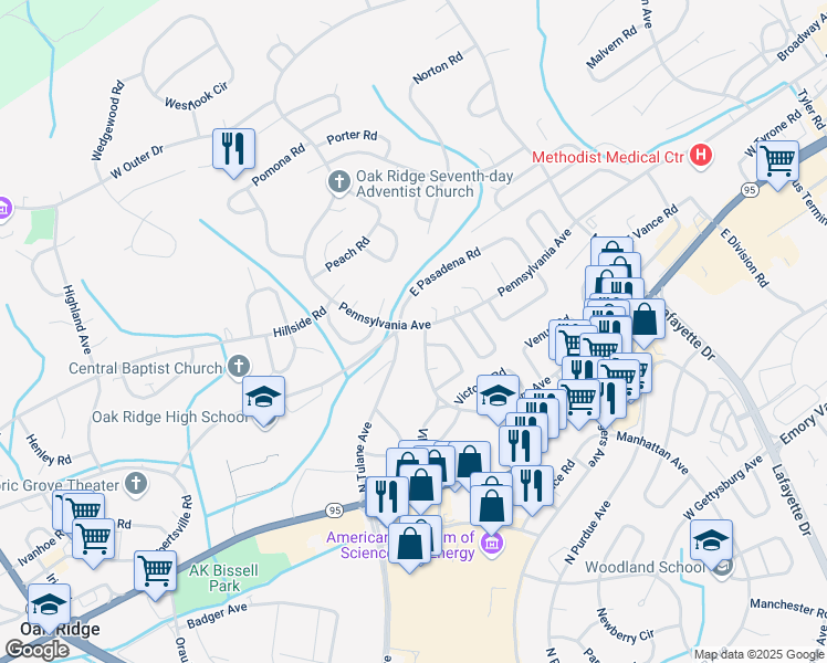 map of restaurants, bars, coffee shops, grocery stores, and more near 244 North Tulane Avenue in Oak Ridge