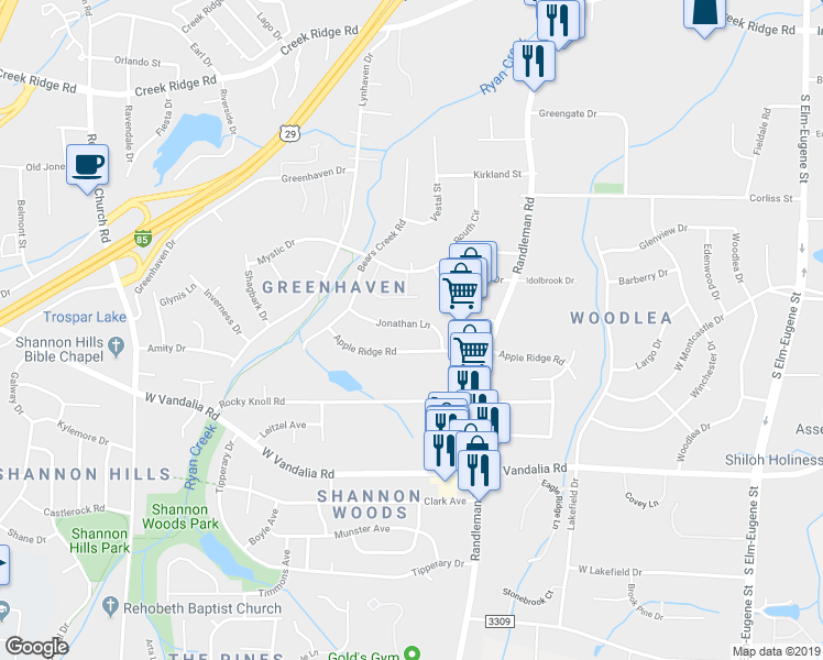 map of restaurants, bars, coffee shops, grocery stores, and more near 511 Jonathan Lane in Greensboro