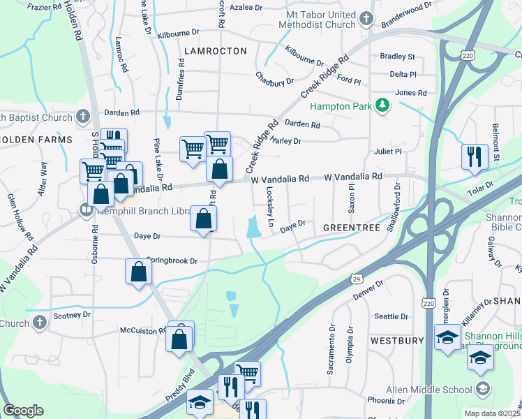 map of restaurants, bars, coffee shops, grocery stores, and more near 2703 Lynfield Lane in Greensboro