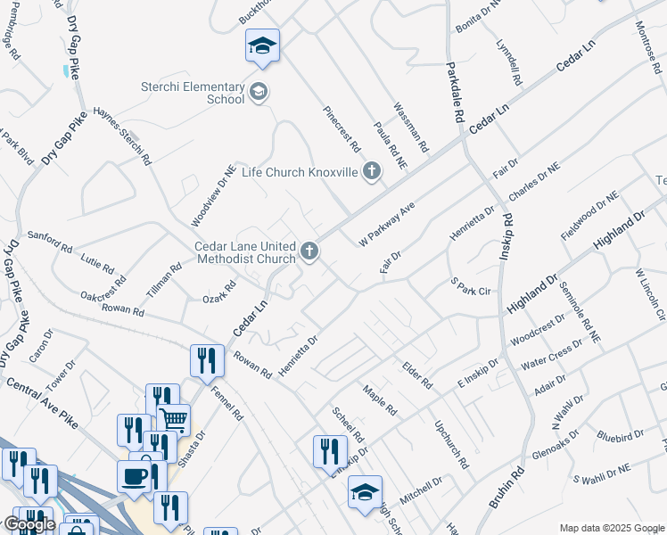 map of restaurants, bars, coffee shops, grocery stores, and more near 5024 Willoway Drive in Knoxville