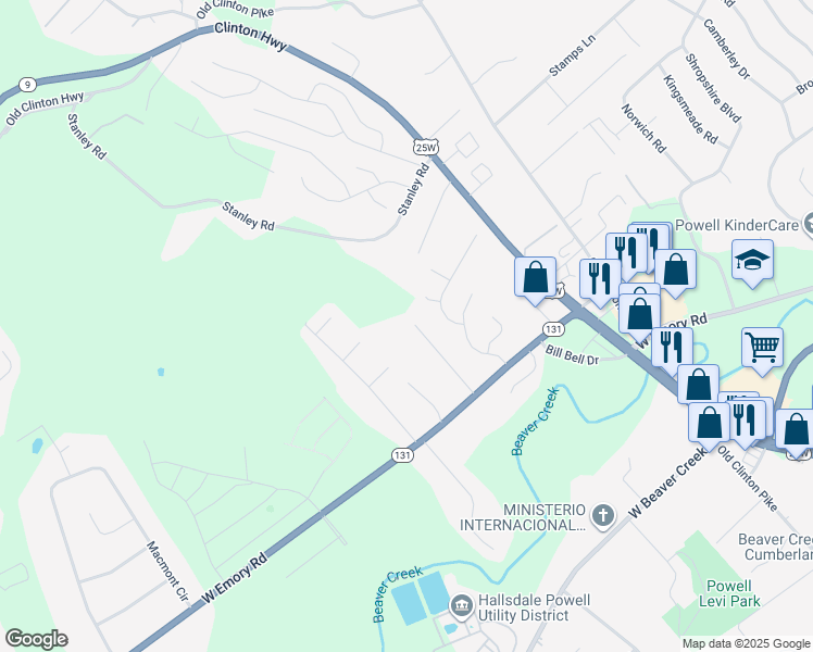 map of restaurants, bars, coffee shops, grocery stores, and more near 7681 Callow Cove Lane in Powell
