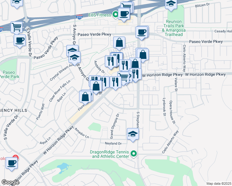 map of restaurants, bars, coffee shops, grocery stores, and more near 1483 West Horizon Ridge Parkway in Henderson