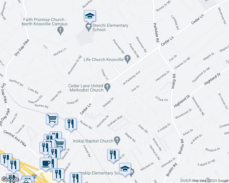 map of restaurants, bars, coffee shops, grocery stores, and more near 5022 Willoway Drive in Knoxville
