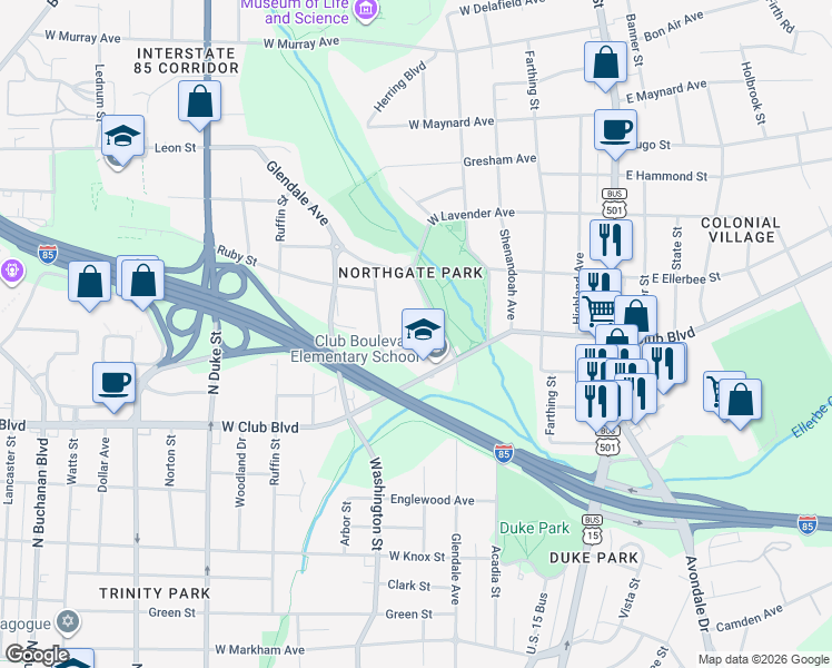 map of restaurants, bars, coffee shops, grocery stores, and more near 400 West Club Boulevard in Durham