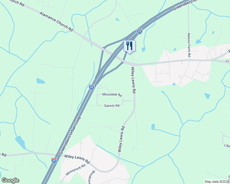map of restaurants, bars, coffee shops, grocery stores, and more near 3209 Mossdale Road in Greensboro