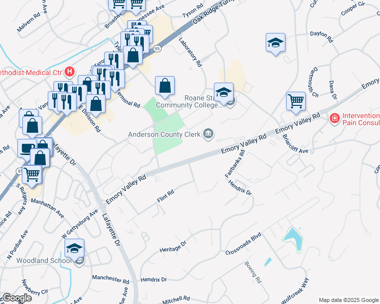 map of restaurants, bars, coffee shops, grocery stores, and more near 734 Emory Valley Road in Oak Ridge