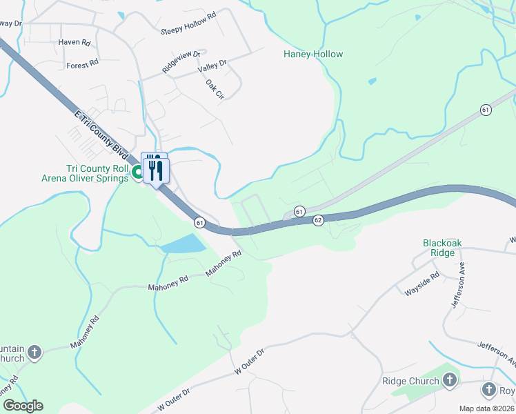 map of restaurants, bars, coffee shops, grocery stores, and more near 112 Caldwell Circle in Oliver Springs