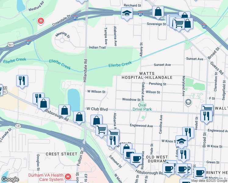 map of restaurants, bars, coffee shops, grocery stores, and more near 1311 Alabama Avenue in Durham