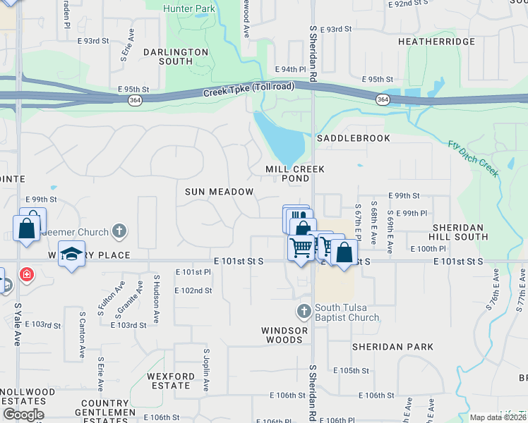 map of restaurants, bars, coffee shops, grocery stores, and more near 6205 East 100th Street in Tulsa