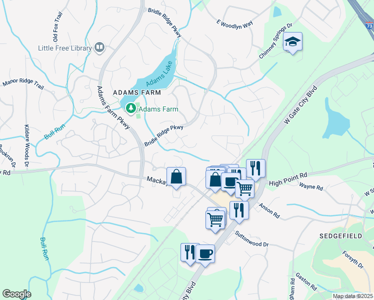 map of restaurants, bars, coffee shops, grocery stores, and more near 16 Cedar Knoll Drive in Greensboro