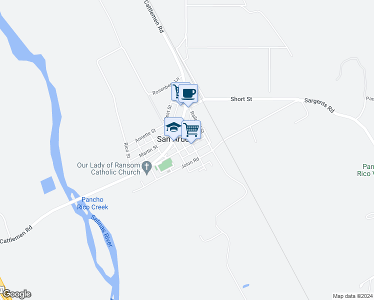 map of restaurants, bars, coffee shops, grocery stores, and more near 60010 Godchaux Street in San Ardo