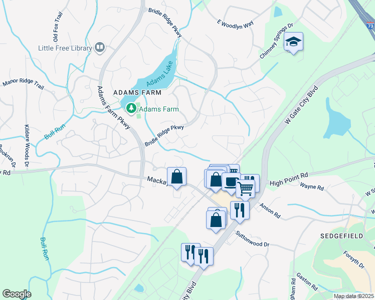 map of restaurants, bars, coffee shops, grocery stores, and more near 16 Cedar Knoll Drive in Greensboro