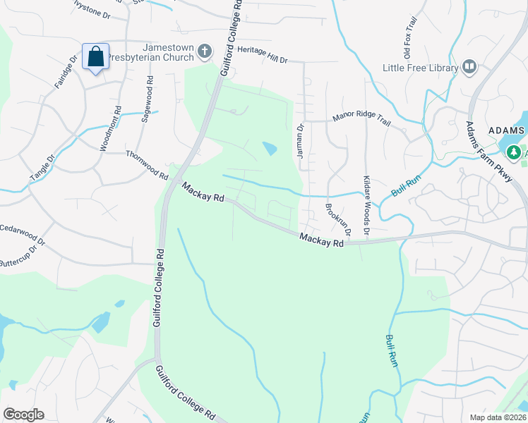 map of restaurants, bars, coffee shops, grocery stores, and more near 5303 Mackay Road in Jamestown