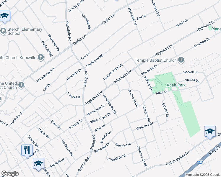 map of restaurants, bars, coffee shops, grocery stores, and more near 1306 Highland Drive in Knoxville