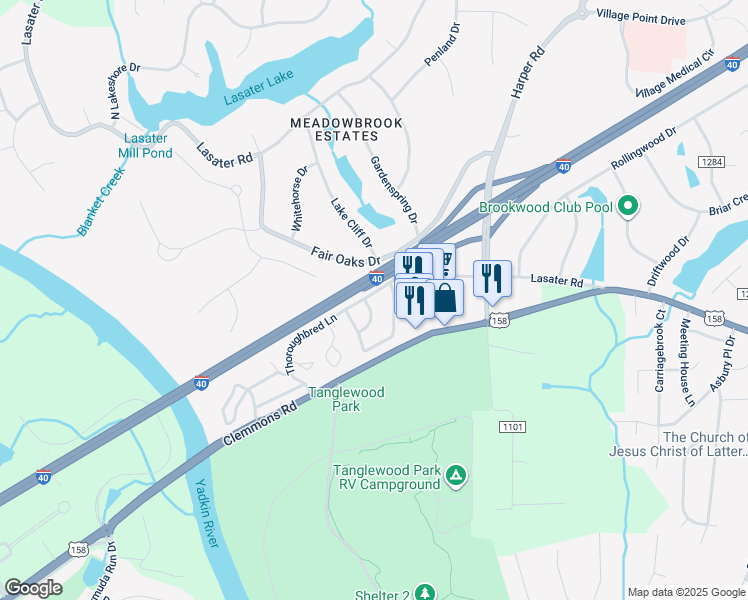 map of restaurants, bars, coffee shops, grocery stores, and more near 3805 Westridge Farm Lane in Clemmons