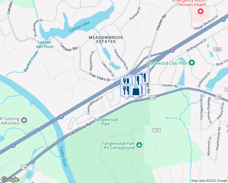 map of restaurants, bars, coffee shops, grocery stores, and more near 3805 Westridge Farm Lane in Clemmons
