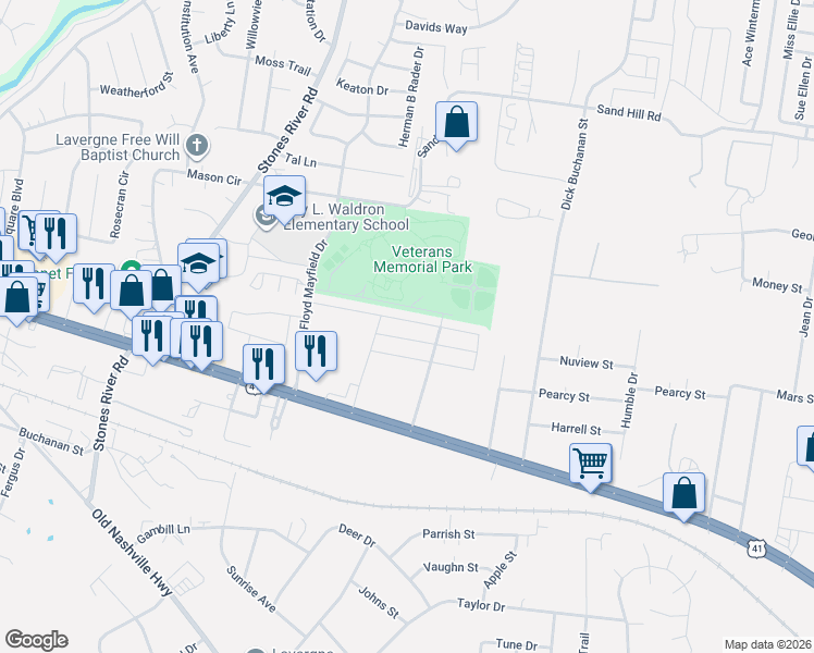 map of restaurants, bars, coffee shops, grocery stores, and more near 4029 George Buchanan in La Vergne