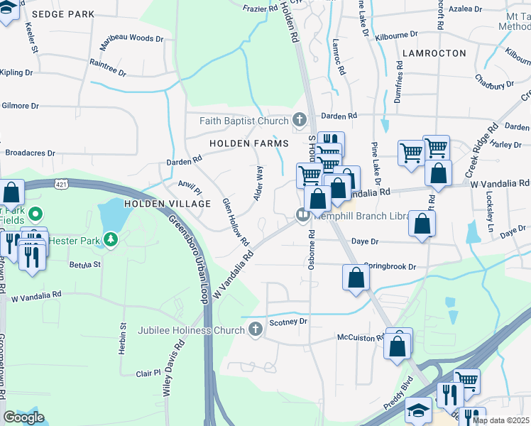 map of restaurants, bars, coffee shops, grocery stores, and more near 2328 West Vandalia Road in Greensboro
