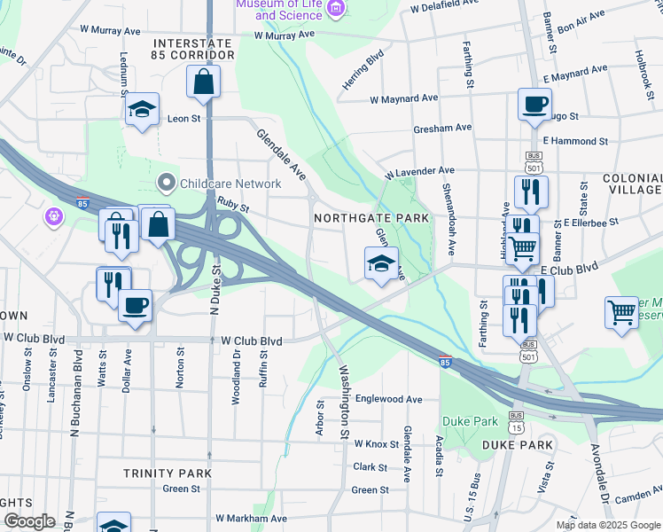 map of restaurants, bars, coffee shops, grocery stores, and more near 1807 Northgate Street in Durham