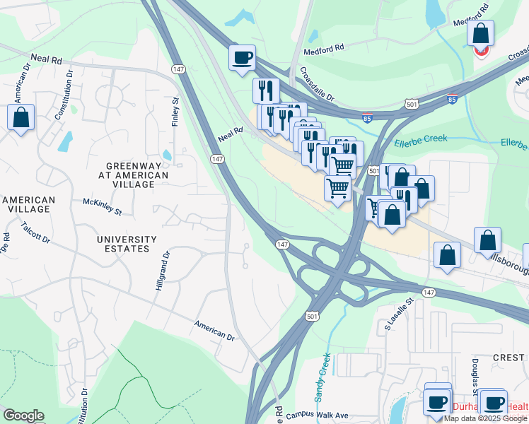 map of restaurants, bars, coffee shops, grocery stores, and more near 243 Bridgefield Place in Durham