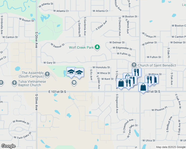 map of restaurants, bars, coffee shops, grocery stores, and more near 3301 South Fir Avenue in Broken Arrow