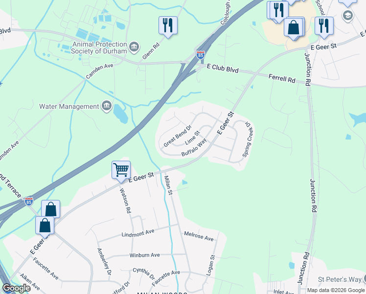 map of restaurants, bars, coffee shops, grocery stores, and more near 2014 Lime Street in Durham