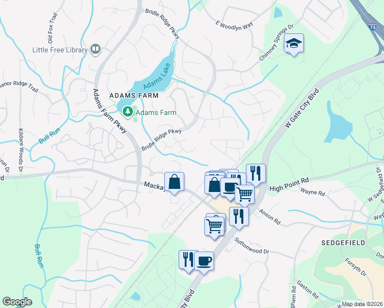 map of restaurants, bars, coffee shops, grocery stores, and more near 26 Cedar Knoll Drive in Greensboro