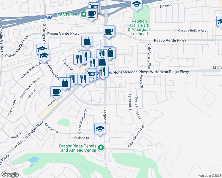 map of restaurants, bars, coffee shops, grocery stores, and more near 257 Paloma Vista Street in Henderson