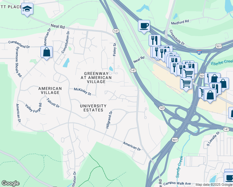 map of restaurants, bars, coffee shops, grocery stores, and more near 86 Forest Oaks Drive in Durham