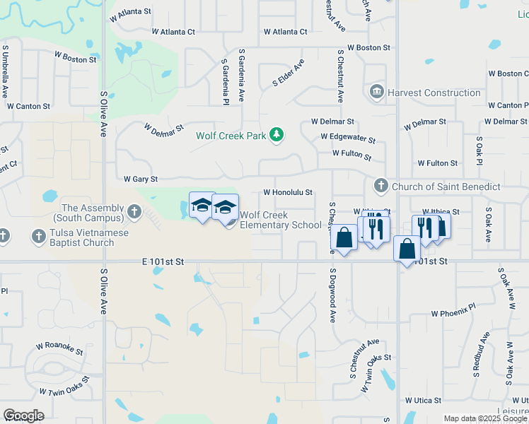 map of restaurants, bars, coffee shops, grocery stores, and more near 3304 South Elder Avenue in Broken Arrow