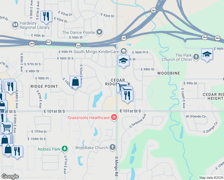 map of restaurants, bars, coffee shops, grocery stores, and more near 9410 East 99th Place in Tulsa