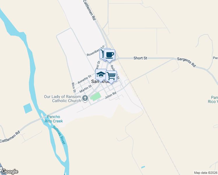 map of restaurants, bars, coffee shops, grocery stores, and more near 60010 Godchaux Street in San Ardo