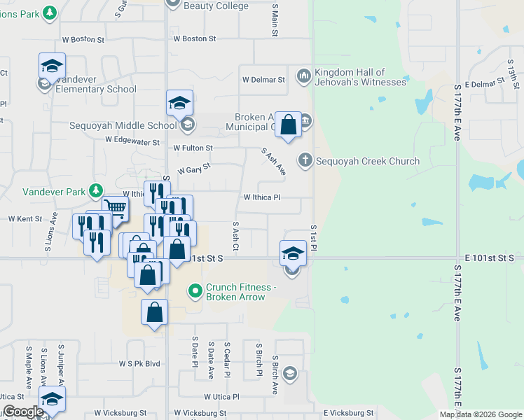 map of restaurants, bars, coffee shops, grocery stores, and more near 131 West Kent Street in Broken Arrow