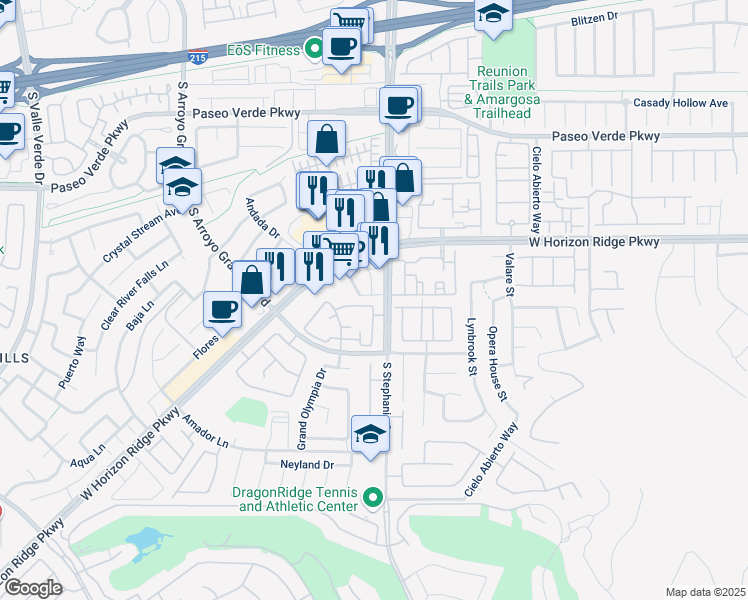 map of restaurants, bars, coffee shops, grocery stores, and more near 217 South Stephanie Street in Henderson