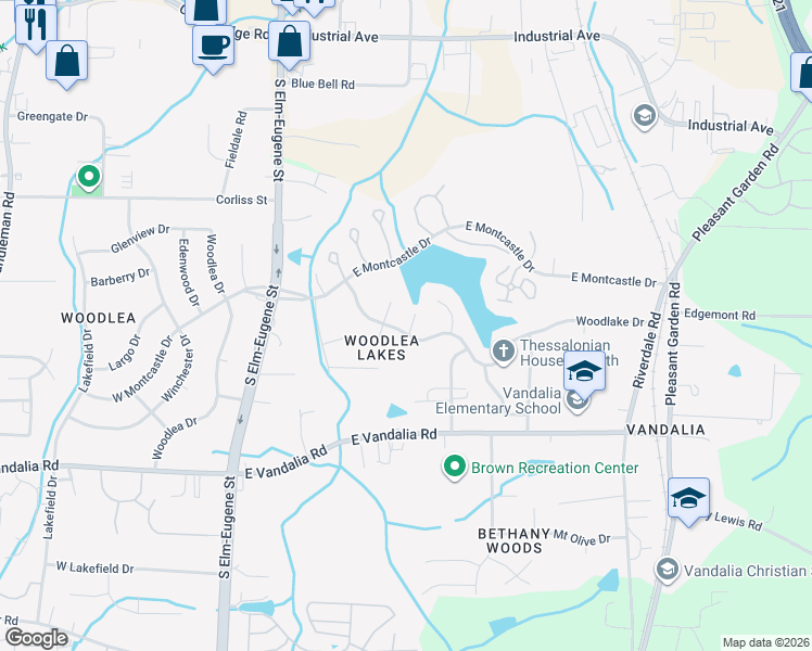 map of restaurants, bars, coffee shops, grocery stores, and more near 407 Woodlake Drive in Greensboro