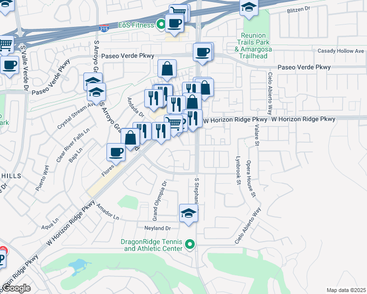 map of restaurants, bars, coffee shops, grocery stores, and more near 217 South Stephanie Street in Henderson