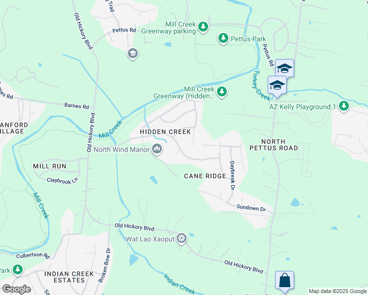 map of restaurants, bars, coffee shops, grocery stores, and more near 3177 Hidden Creek Drive in Nashville