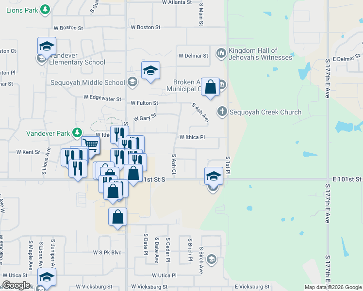 map of restaurants, bars, coffee shops, grocery stores, and more near 159 West Kent Street in Broken Arrow