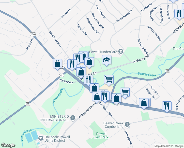 map of restaurants, bars, coffee shops, grocery stores, and more near 3484 West Emory Road in Powell