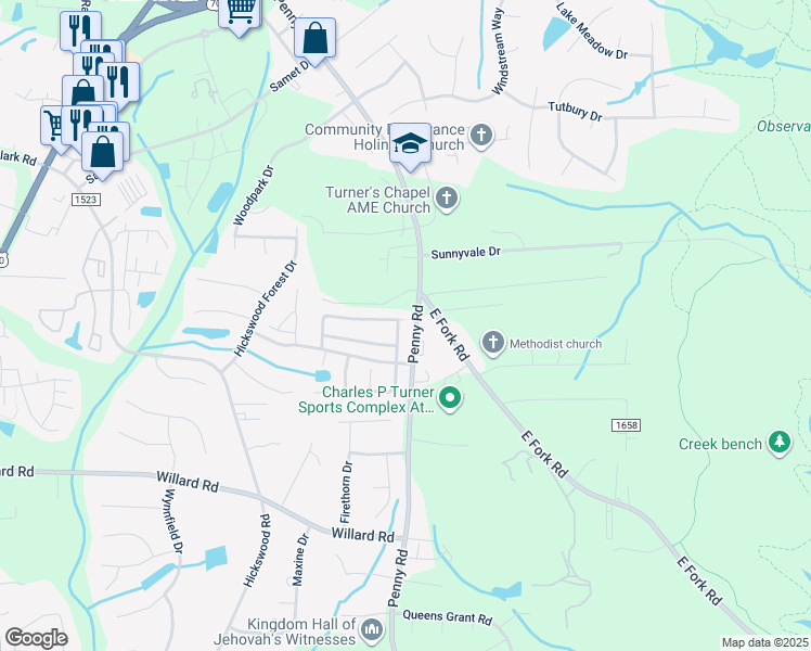 map of restaurants, bars, coffee shops, grocery stores, and more near 2986 Cloverwood Drive in High Point